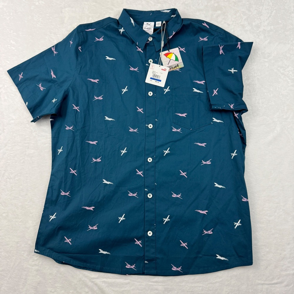Puma Golf x Arnold Palmer Men XL Airplane Aviation Print Woven Shirt Blue NWT